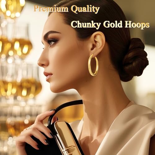 Hoop Earrings for Women, 18K Gold Plated Hoops Earrings, Hypoallergenic Lightweight Comfort Hollow Tube Hoops with Secure Push Lock, Chunky and Sleek Gold Hoops Large Earrings 20/30/40/50/60MM3