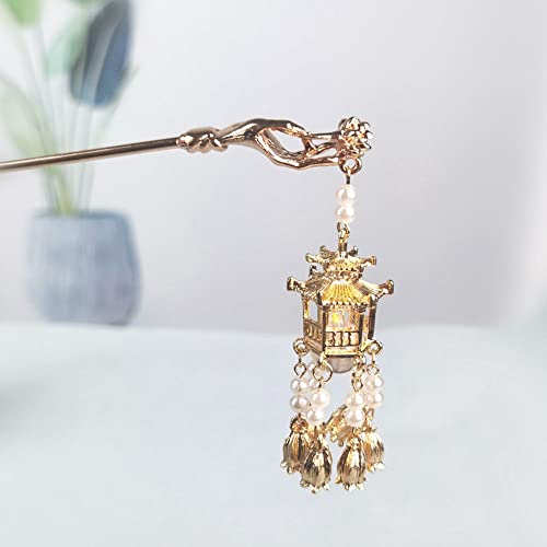 BYBYCD Retro Women Glow Hairpin Alloy Pavilion Pendant Girl Hair Accessories Hanfu Hair Sticks Ancient Style Hairpin Chinese Style Headwear(E Blue Light) - Image 4