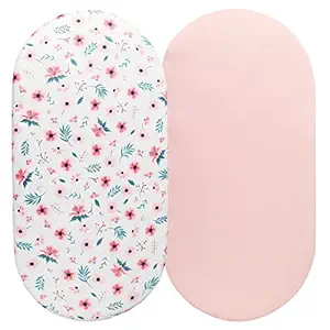 Tontukatu Bassinet Sheet Set 2 Pack Snug Fitted Cradle Fitted Sheets , Stretchy Ultra Soft , for Oval Rectangle Hourglass Bassinet Mattress , Unisex Boy Girl , Floral & Pink