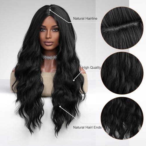 Esmee Long Wavy Black Wig for Women Natural Synthetic Hair Heat Resistant Wigs, 28 pollici - Image 3