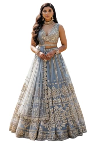 Blue Embroidered Lehenga Choli Set, Blue and Gold, Net Fabric,Wedding and Party Wear (Large-38)