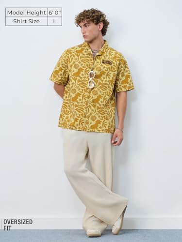 Image of The Souled Store Lion King: Hakuna Vibes Men and Boys Short Sleeves Collared Neck Button Front Yellow All Over Printed Oversized Fit Cotton Holiday Shirts