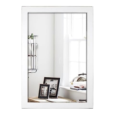 Funerom Wood Farmhouse Wall Mirror Hanging Wall Mirror for Living Room or Bathroom Vanity (White, 18x26 inch) Cover