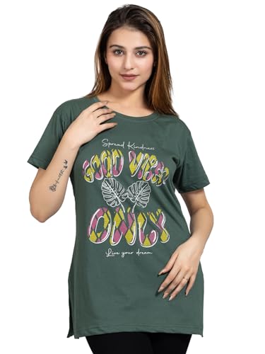 Image of Magknit Fancy Printed Both Side Cut Cotton Blend Half Sleeves and Lightwiegt Trendy Summer Long T Shirt for Women