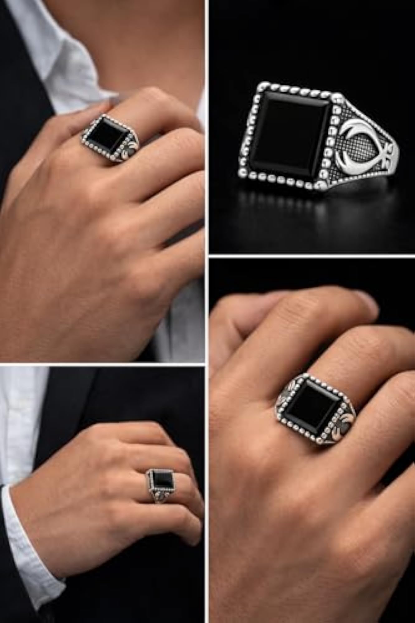 Men's Signet Ring with Black Stone Silver Tone