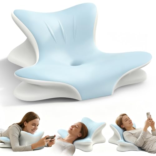 Ergonomic Cervical Pillow, Memory Foam Neck Support Pillow for Pain Relief, Orthopedic Contour Wedge Pillow for Sleeping, Reading, Lying on Bed, Couch & Floor (Blue&White) by Tujami - Used condition - US$68.61