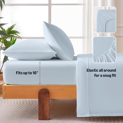 Image of Amazon Basics Jersey Knit 4-Piece Sheet Set, Wrinkle Free and Easy Fit, Includes 16 inch Deep Pocket Fitted Sheet, 1 Flat Sheet and 2 Pillowcases, King, Blue