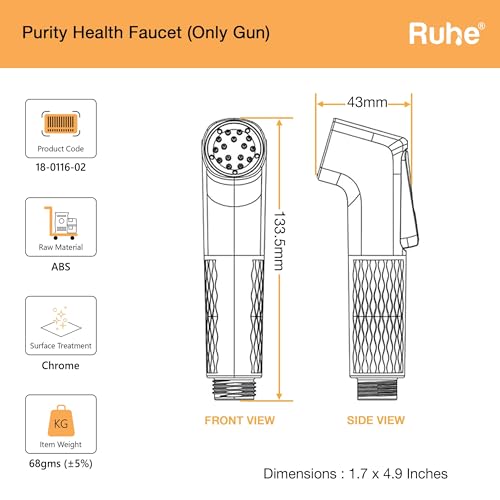 Image of Ruhe Purity Health Faucet Gun for Bathroom | Self Cleaning Nozzles Handheld Jet Spray for Toilet | ABS Body Chrome Finish Bidet Spray Gun | Universal Fit Replacement Only Gun
