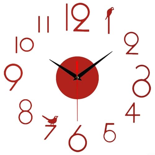 Lastdaytime Reloj de pared minimalista, adhesivo de números silenciosos, para sala de estar, cocina, dormitorio, oficina, hogar (rojo)