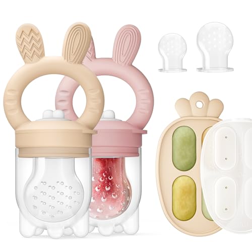 Image of 2 Packs Baby Fruit Feeder & Freezer Tray Combo, Push Pop Baby Food Feeder to Safely Introduce New Foods, Fresh & Frozen Food Silicone Feeder, 100% Food Grade, BPA Free