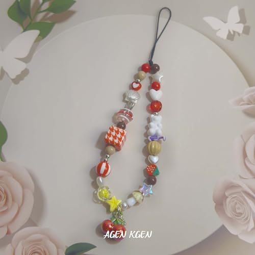AGEN KGEN Cute Phone Charm Handmade Exquisite Beaded Phone Lanyard Wrist Strap Pink Cell Phone Chain Phone Charms Strap for Women (Sweet Cherry) - Thumbnail 2