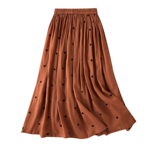 Womens Polka Dot Linen Maxi Skirt, Summer Comfy Tiered Elastic High Waisted Aline Flowy Swing Pleated Skirts for Women
