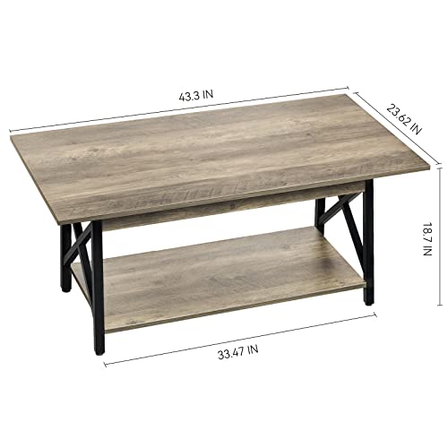 Image of GreenForest Coffee Table with Storage, 43 inch Large Modern Coffee Tables for Living Room, X-Frame Design Farmhouse Coffee Table Space Saving Living Room Tables, Easy Assembly, Grey Wash