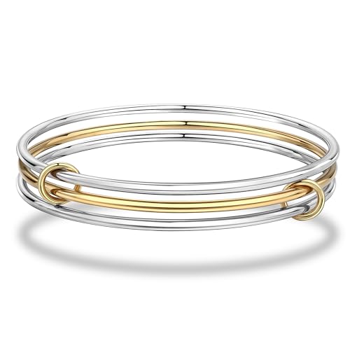 QOBEBOTA Stackable Bangles Bracelets for Women Trendy 18K Gold Plated Stainless Steel Non Tarnish Mixed Metal Bracelet Stack 8inch Two Tone Jewelry Set Gold and Silver Bracelets for Women