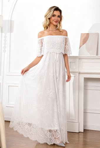 Image of HOYISHION Women's Off The Shoulder Floral Lace Maxi Dress White Bridesmaid Wedding Party Maternity Photoshoot Long Dresses