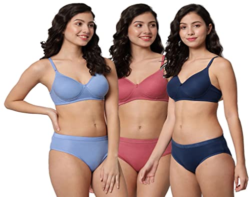 Image of Women's Cotton Lightly Padded Wire Free Bra Panty Lingerie Set Honeymoon Bikni Set for Girl's Combo Pack of 3
