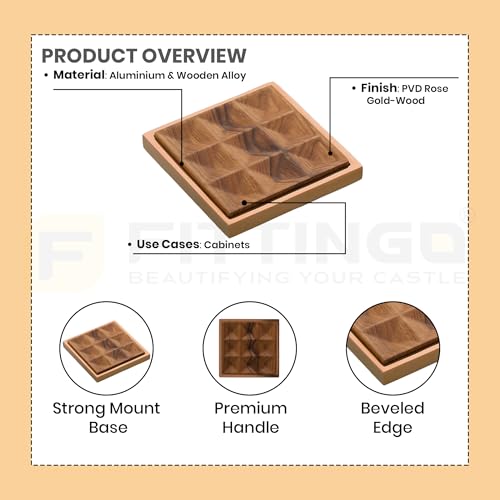 Image of 4 Inch Square Cabinet Handle 1338 - Premium Aluminium PVD Rose Gold Frame with Textured Wood Finish - Modern Pull Handle for Wardrobes, Cupboards & Kitchen Cabinets - Pack of 6