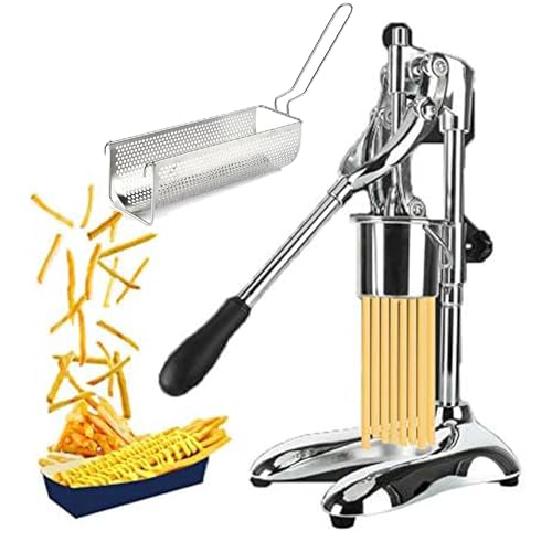 Lxwyq 30cm Manual French Fries Maker, 12 Holes French Fry Cutter Machine, Multi-Function Mashed Potato Pasta Machine with Fried Basket for Restaurants