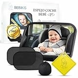 | BEBIKIS® SUPER PACK De Espejo Coche Para Bebe 100% IRROMPIBLE Para Asiento Trasero Con ROTACIÓN 360º + 2 Parasoles + Placa Baby On Board | Espejo Para Ver Al Bebé a Contramarcha En El Coche