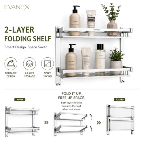 Image of EVANEX 2 Layer Folding Shelf for Bathroom 304 Grade Stainless Steel Bathroom Racks and Shelves Wall Mounted Multipurpose Shelf Bathroom Accessories Set
