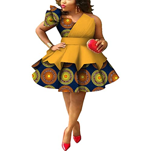 XIAOHUAGUA African Dresses for Women Ankara Print One Shoulder Multi-Layer Mini Dress Dashiki Party Wedding Clothing