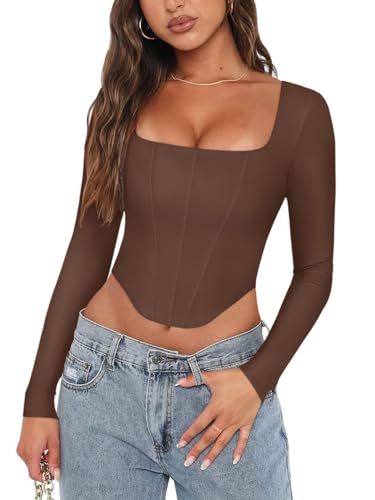 REORIA Womens Sexy Casual Square Neck Long Sleeve Backless Shirts Y2K Trendy Going Out Party Club Night Boned Bustier Corset Crop Plus Size Tops Coffee XX-Large