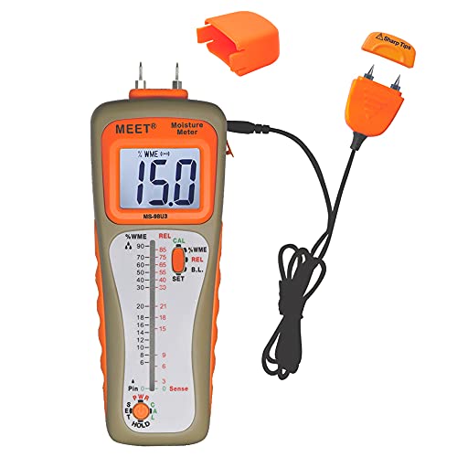 Meet Pin & Pinless (Penetrate) & Wired Remote Pin (Narrow Angle) Moisture Meter for Wood & Concrete Pinless Measure up to 50mm/2inch Depth Spare Pin x 1pair Large LCD & Tri-Colours Bar-Graph LED