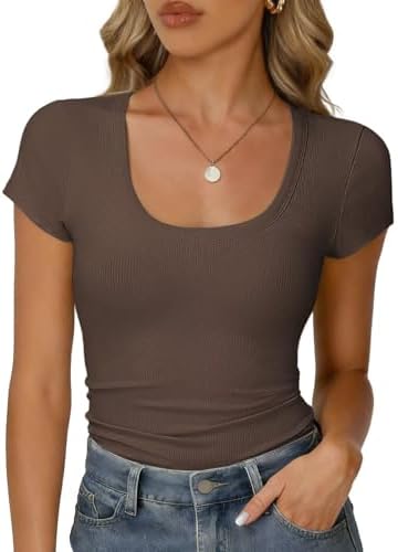 RIROW Damen Sommer T-Shirt V-Ausschnitt Kurzarm Rippstoff Slim Fit Basic | Weiches Hautgefühl, atmungsaktiv elastisch, Gerippte Oberteile, Elegantes Rippshirt, Figurbetont, Casual,