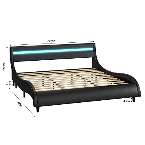 Keyluv Modern Upholstered Platform Bed Frame With Led Lights Headboard, Faux Leather Wave-Like Platform Bed Frame,Strong Wood Slats Support, Easy Assembly, Black, King Size #TOP1