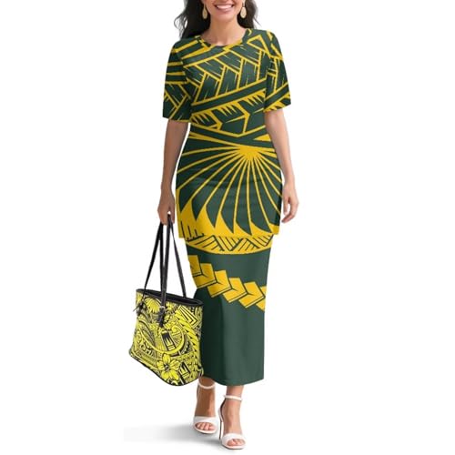 Image of Polynesian Dress for Women Short Sleeve High Waist Maxi Skirt | Puletasi dress, t-shirt and skirt two-piece, elastic material, lightweight, soft, plus size, luau party, wedding, clubwear