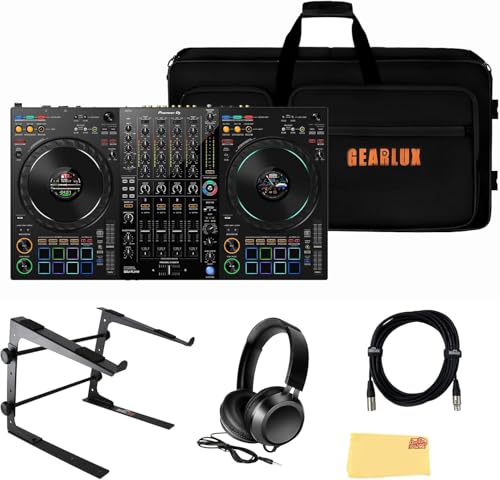 Pioneer DDJ-FLX10 4-Channel Professional DJ Controller - Black Bundle with Case, Laptop Stand, HDJ-CUE1 Headphones, XLR Microphone Cable, and Austin Bazaar Polishing Cloth