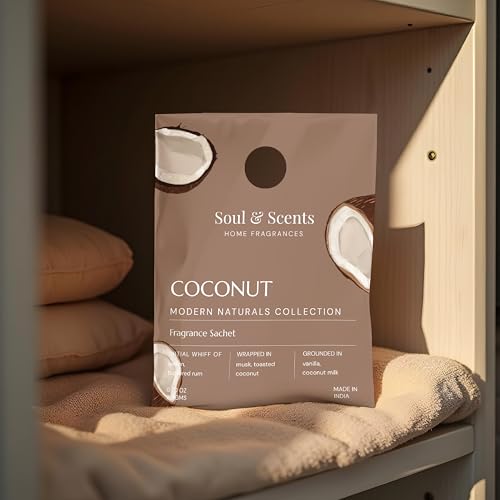 Image of Soul & Scents Coconut Fragrance Sachet | A Blend of Toasted Coconut, Vanilla & Musk | Long-Lasting Air Freshener for Car, Wardrobe, Kitchen, and Travel Bag | Pack of 3-20gm Each