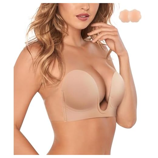 BRABIC Plunge Strapless Sticky Push Up Bra Backless Adhesive Invisible, with Nipple Covers (Beige, M)