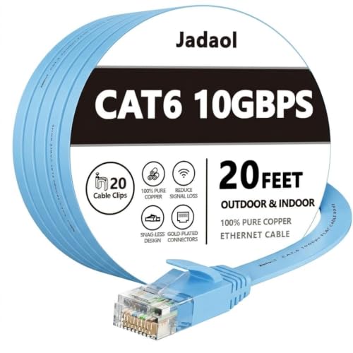 Image of Jadaol Cat6 Ethernet Cable 20FT with Clips 10Gbps Flat Network Cable, Blue
