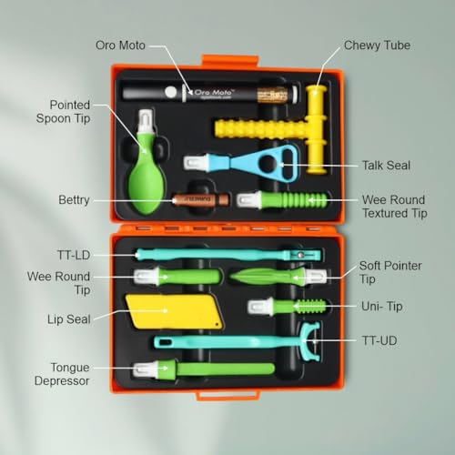 Image of Special Kit - Sensory Integration, Speech & Feeding Therapy Tools | Includes..Oro Moto Vibration brash, Pointer Spoon, Tongue Depressor, Wee Round Tip, Wee Round Textured, Soft Pointer, Uni Tip, Talk-Seal, Tongue Lateralization, Lip Seal, Chewy Tube Yellow Pack of 1 Kit