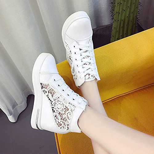 High Heeld Wedge Sneakers for Women, Ladies Hidden Heel Sneakers Dressy Lace Up Shoes High Top Sneakers Fashion Canvas Shoes Breathable Mesh Casual Platform Sneakers (A-White, 7)3
