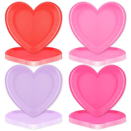 48 Pieces 9-Inch Heart-Shaped Valentine’s Day Paper Plates – Red, Light Pink, Purple, and Rose Pink Disposable Dinner Plates for Romantic Dinners, Weddings, Engagements, and Valentine’s Celebrations
