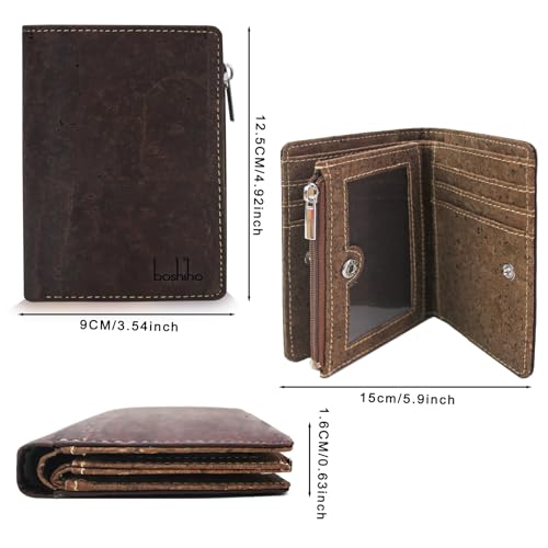 Image of Eco Cork Friendly RFID Blocking Wallet Bi-fold Card Holder Vertical Wallet With Zippered Coin Purse & ID Window