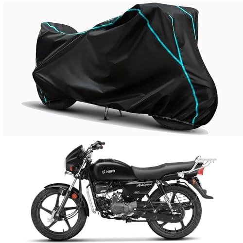Image of Waterproof Bike Body Cover Compatible for | Hero Splendor Plus Self | Taffeta Fabric, Sky Piping Design, Bottom Elastic Fit | Dustproof, Sun UV & Rain Protection for All Weather.