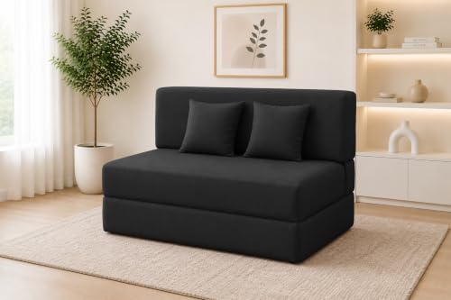 Image of Los Angeles Foldable Two Seater Sofa Cum Bed, Sofa Bed 4 X 6 Ft, Jute Fabric Washable Cover Including Two Cushion Perfect for Living Room & Office Guest Room - Black Color