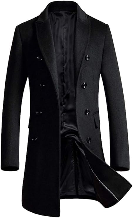 Minibee Men's Woolen Trench Coat Double Breasted Slim Fit Winter Overcoat Long Jacket Business Pea Jacket