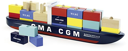 Vilac 2315 Containerschiff, Frachtschiff (Modell Jules Verne), Cargo Ship (40 x 6.5 x 10 cm)