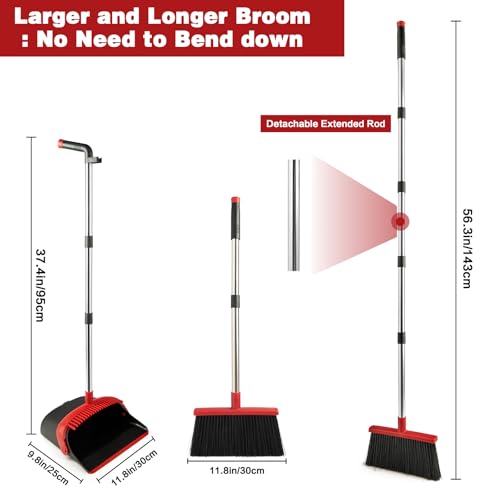Image of Broom and Dustpan Set for Home, Broom with Dustpan Cleaning Teeth Combo Set, Indoor Sweep Broom with Long Handle for Office Home Kitchen Lobby Floor (Black Red)