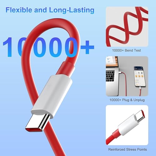 Image of Type C Cable Fast Charging - 80W | Warp /Dash Charge Compatible with OnePlus, Oppo, Realme & USB Type C Devices | USB A to Type C Cable | 1M Fast Data Sync & Smart Protection Chip - Red