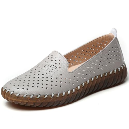 Image of Women's Handmade Leather Casual Beef Tendon Soft Sole Loafers Comfortable Round Toe Breathable Oxford Arch Support Walking Shoes