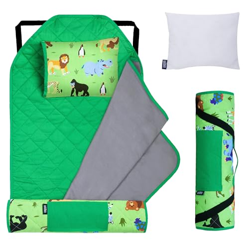 Image of Wildkin Modern Kids Nap Mat with Pillow for Boys & Girls - Cotton Blend, Elastic Straps, Toddler Sleep Mat for Daycare, Preschool, Kindergarten & Travel, Ages 3-7, Machine Washable - Wild Animals