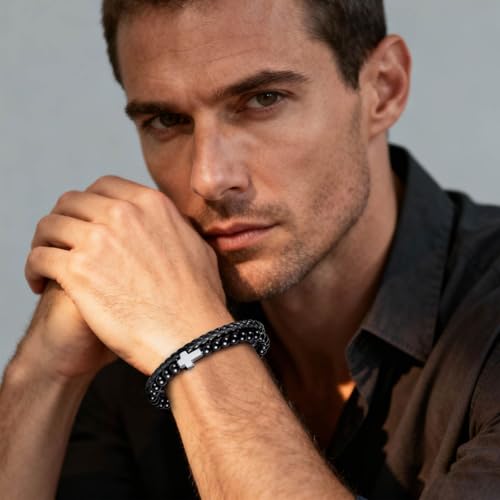 Pulsera de cuero negro con cruz para hombre miniatura 4