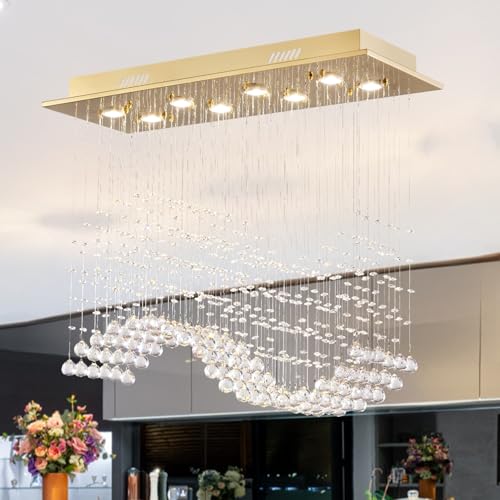 Siljoy Rectangular Gold Crystal Chandelier for Dining Room, 8-Light Modern Wave Raindrop Crystal...