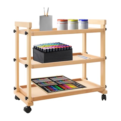 MIUKYUI Chariot de peinture moderne à 3 étages en bois - Chariot de rangement multifonction avec plateau de travail et bords de sécurité - Chariot pratique...
