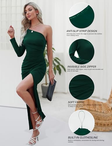 Sarin Mathews Womens One Shoulder Long Sleeve Cocktail Dresses Sexy Bodycon Ruched Wrap Split Party Formal Long Dress DarkGreen L